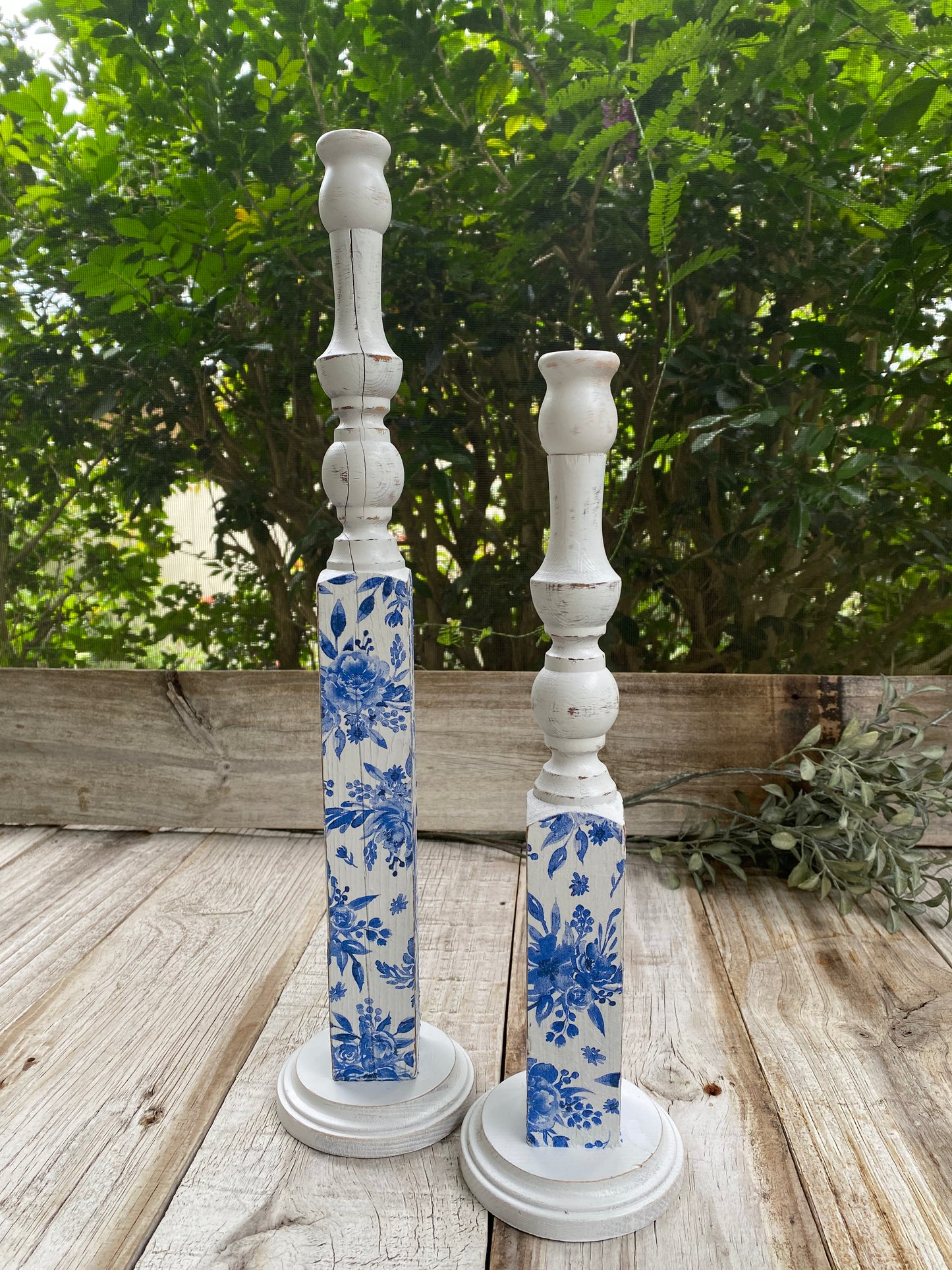 Chinoiserie Candlesticks Set of 2 Blue and White Floral