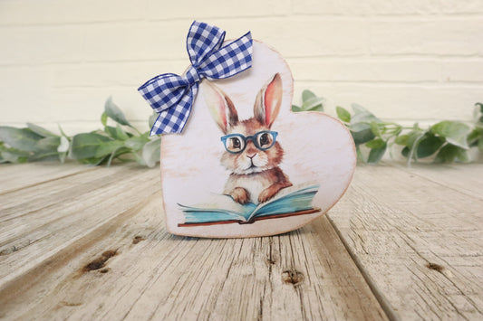 Bookish Rabbit Heart in Blue and White Floral Gingham
